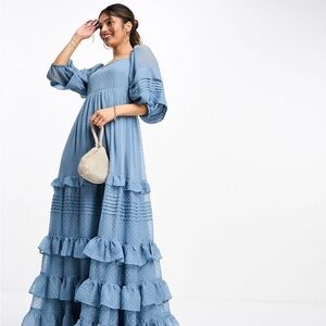 Blue Ruffled Tiered Maxi Dress with Bishop Sleeves